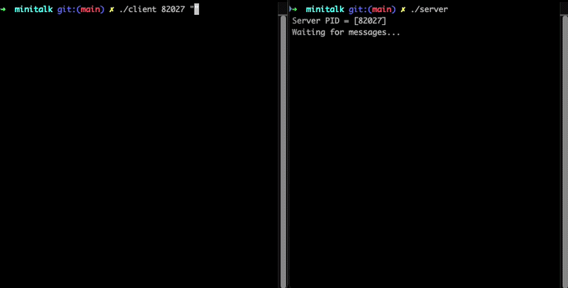 minitalk sending a message between two terminals over signals